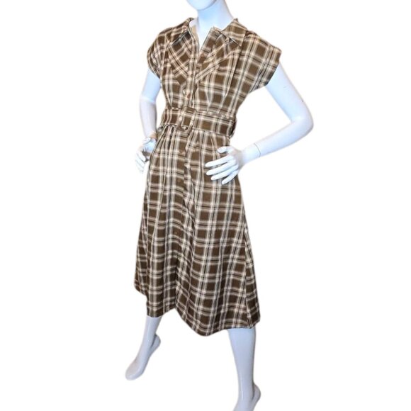 Vintage 50's Inspired Brown & Cream Plaid Belted Midi Dress sz S - Picture 1 of 7